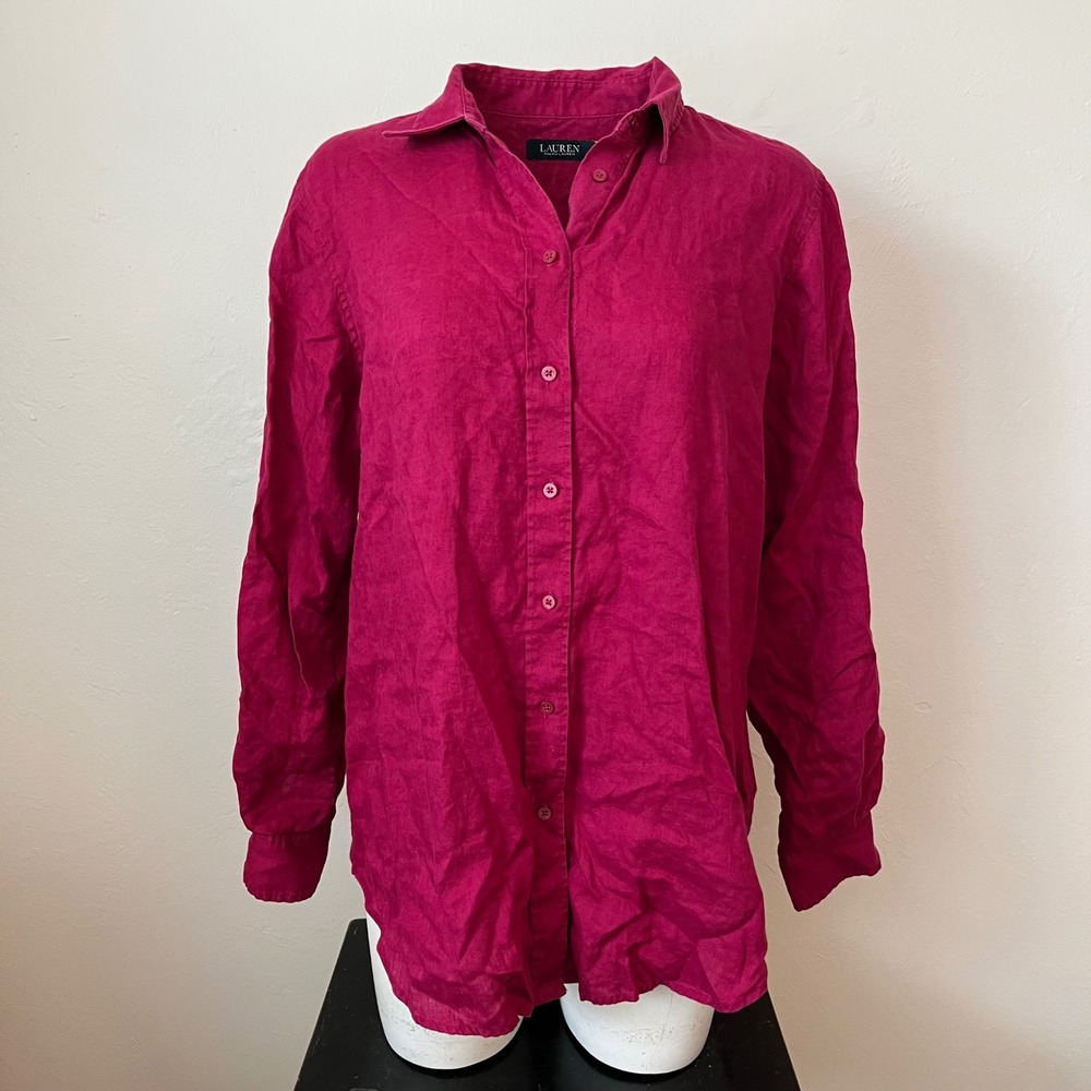 Lauren Ralph Lauren Magenta Pink 100% Linen Roll Tab Button Down Shirt Large